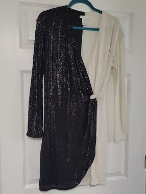 H&M Black and Ivory Sequin Wrap Dress - Knot Detail Long Sleeve